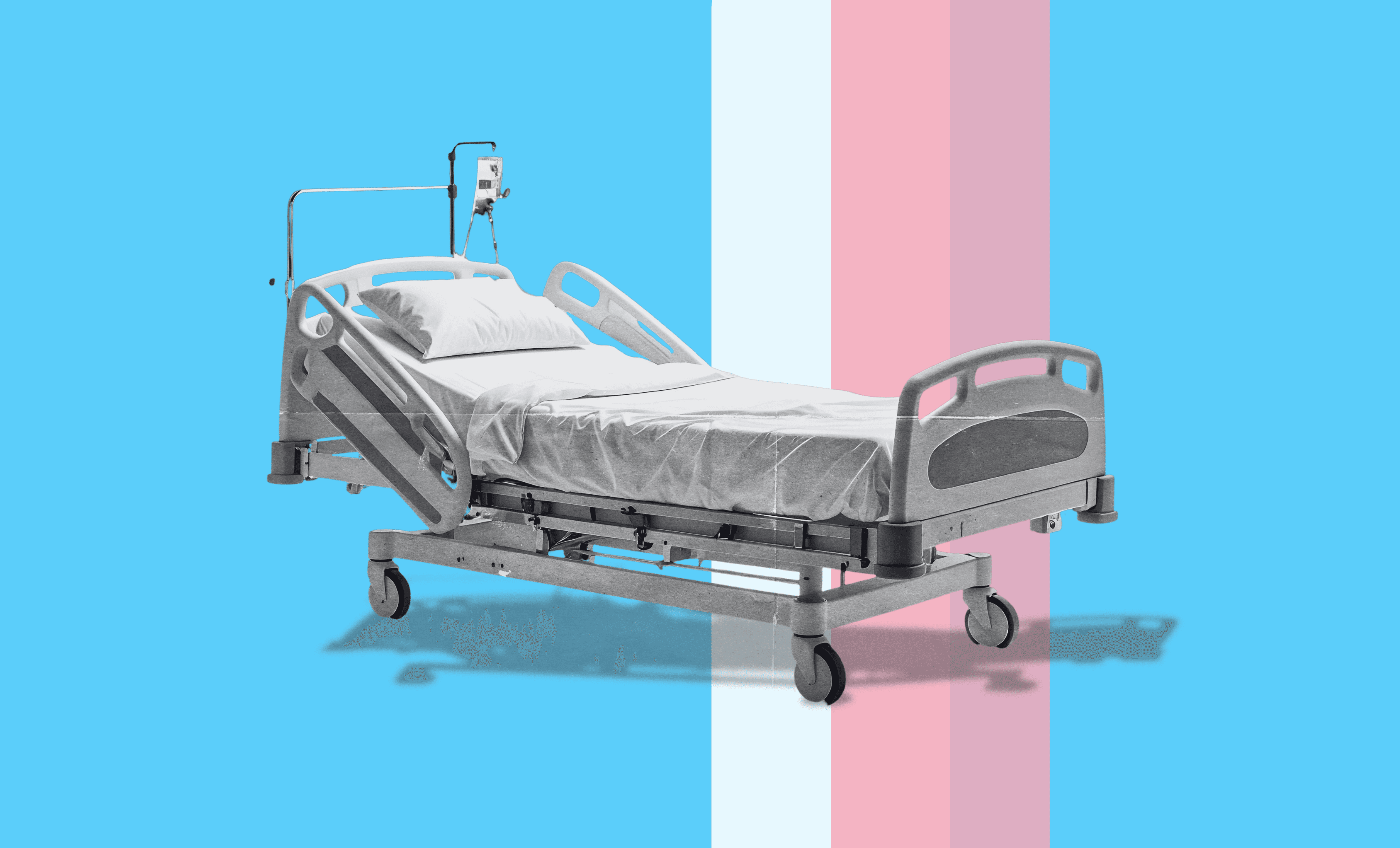 An empty hospital bed sits against a background featuring the transgender flag colors.